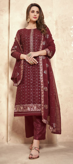 Red and Maroon color Salwar Kameez in Georgette fabric with Embroidered, Lace, Sequence, Thread work