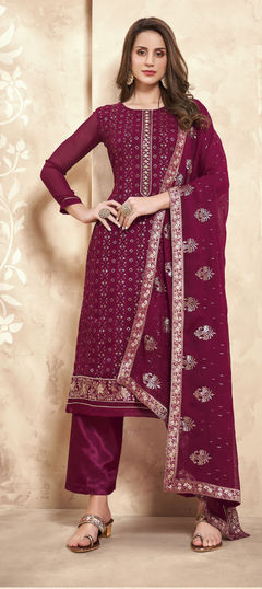 Pink and Majenta color Salwar Kameez in Georgette fabric with Embroidered, Lace, Sequence, Thread work
