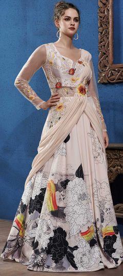 Festive, Mehendi Sangeet, Wedding Pink and Majenta, White and Off White color Gown in Georgette, Satin Silk fabric with Embroidered, Printed, Resham, Stone work : 1747559