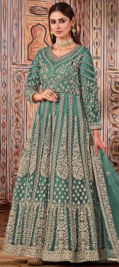 Festive, Party Wear, Reception Green color Salwar Kameez in Net fabric with Anarkali Embroidered, Thread, Zari work : 1747607