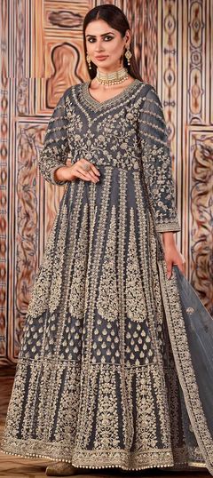 Black and Grey color Salwar Kameez in Net fabric with Embroidered, Thread, Zari work