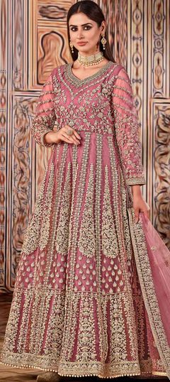 Pink and Majenta color Salwar Kameez in Net fabric with Embroidered, Thread, Zari work