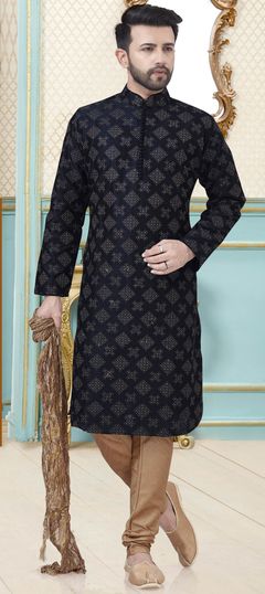 Black and Grey color Kurta Pyjamas in Dupion Silk fabric with Embroidered, Thread work