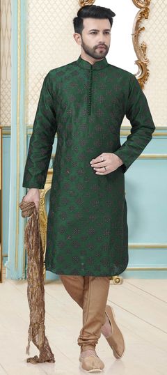 Green color Kurta Pyjamas in Dupion Silk fabric with Embroidered, Thread work