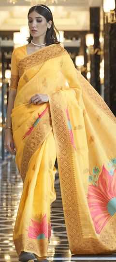 Casual, Traditional Yellow color Saree in Linen fabric with Bengali Floral, Printed, Weaving work : 1747764