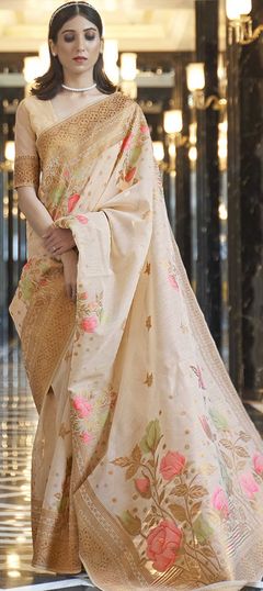 Beige and Brown color Saree in Linen fabric with Floral, Printed, Weaving work