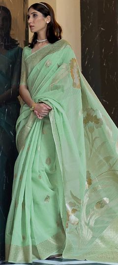 Green color Saree in Linen fabric with Floral, Printed, Weaving work