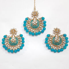 Gold Rodium Polish Blue color Mang Tikka in Metal Alloy studded with CZ Diamond