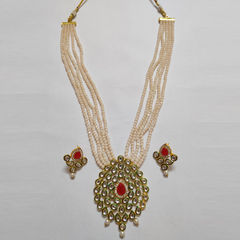 Gold Rodium Polish Green, Red and Maroon color Necklace in Metal Alloy studded with CZ Diamond, Pearl