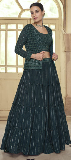 Green color Ready to Wear Lehenga in Georgette fabric with Sequence, Thread work