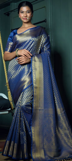 Traditional Blue color Saree in Raw Silk, Silk fabric with South Weaving work : 1747936