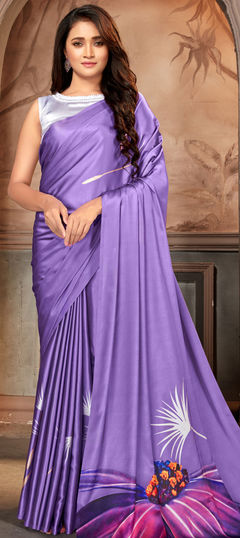 Casual, Traditional Purple and Violet color Saree in Satin Silk, Silk fabric with South Printed work : 1747981