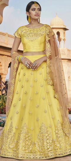 Engagement, Festive, Wedding Yellow color Lehenga in Net fabric with A Line Border, Embroidered, Stone, Thread, Zari work : 1748298