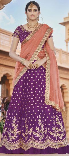 Engagement, Festive, Wedding Purple and Violet color Lehenga in Handloom fabric with A Line Border, Embroidered, Thread, Zari work : 1748301