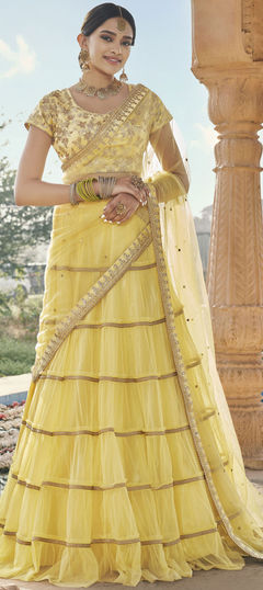 Engagement, Festive, Wedding Yellow color Lehenga in Net fabric with A Line Border, Embroidered, Thread, Zari work : 1748306