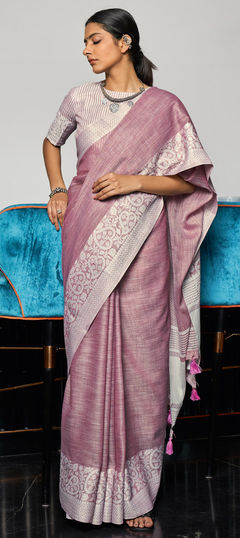 Purple and Violet color Saree in Linen fabric with Weaving work