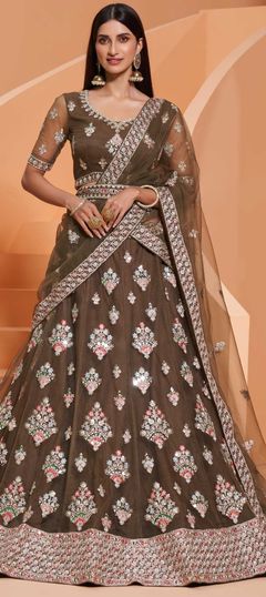 Green color Lehenga in Net fabric with Embroidered, Sequence, Thread, Zircon work