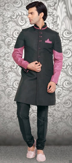 Black and Grey color IndoWestern Dress in Linen fabric with Thread work