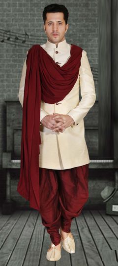 Beige and Brown color IndoWestern Dress in Art Silk fabric with Thread work