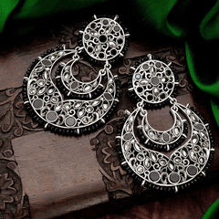 Silver Rodium Polish Black and Grey color Earrings in Metal Alloy studded with Kundan