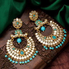 Silver Rodium Polish Blue color Earrings in Metal Alloy studded with Kundan