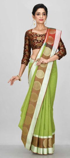 Green color Saree in Banarasi Silk, Silk fabric with Weaving work