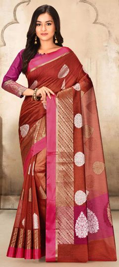 Red and Maroon color Saree in Banarasi Silk, Silk fabric with Weaving work