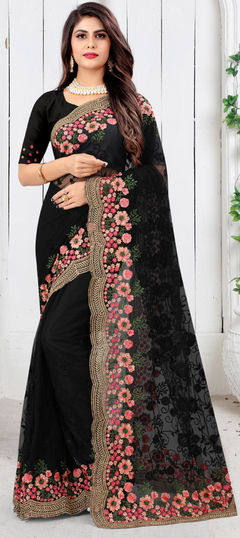 Black and Grey color Saree in Net fabric with Embroidered, Resham, Stone, Thread, Zari work