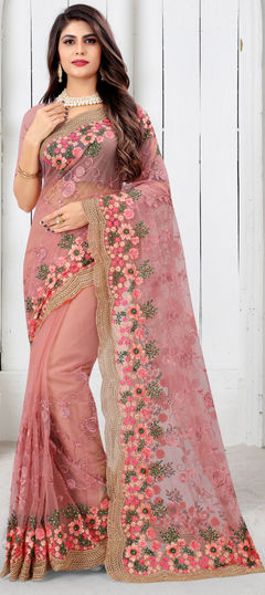 Pink and Majenta color Saree in Net fabric with Embroidered, Resham, Stone, Thread, Zari work