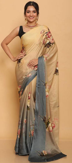 Casual, Traditional Beige and Brown, Black and Grey color Saree in Satin Silk, Silk fabric with South Digital Print, Floral work : 1749749