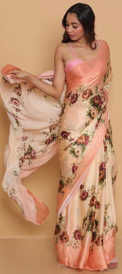 Beige and Brown color Saree in Satin Silk, Silk fabric with Digital Print, Floral work