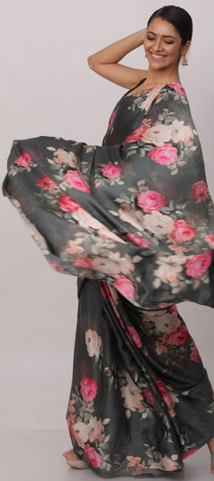 Black and Grey color Saree in Satin Silk, Silk fabric with Digital Print, Floral work