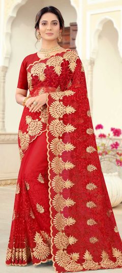 Red and Maroon color Saree in Net fabric with Embroidered, Resham, Stone, Thread, Zari work