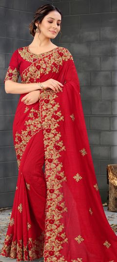 Red and Maroon color Saree in Art Silk, Silk fabric with Embroidered, Thread, Zari work