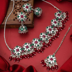 Silver Rodium Polish Red and Maroon color Necklace in Metal Alloy studded with Kundan