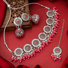 Silver Rodium Polish Pink and Majenta color Necklace in Metal Alloy studded with Kundan