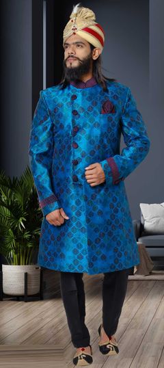 Blue color Sherwani in Jacquard fabric with Thread, Weaving work