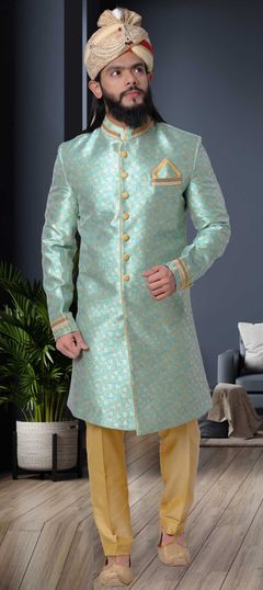 Green color Sherwani in Jacquard fabric with Weaving work