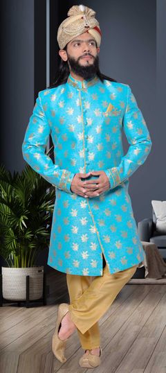 Blue color Sherwani in Jacquard fabric with Sequence, Weaving work