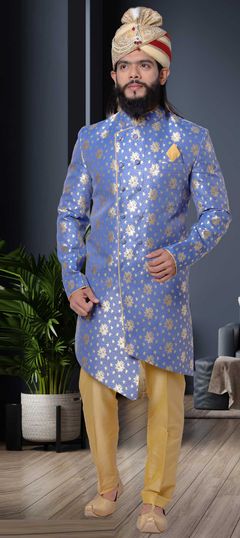 Blue color Sherwani in Jacquard fabric with Weaving work