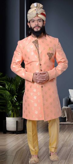 Pink and Majenta color Sherwani in Jacquard fabric with Cut Dana, Patch, Stone, Weaving work