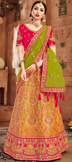 Engagement, Festive, Wedding Yellow color Lehenga in Banarasi Silk fabric with A Line Border, Embroidered, Resham, Stone, Thread, Zari work : 1750557