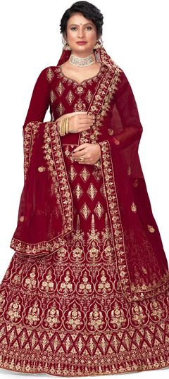 Red and Maroon color Lehenga in Velvet fabric with Embroidered, Stone, Thread, Zari work