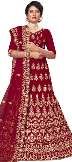 Red and Maroon color Lehenga in Velvet fabric with Embroidered, Stone, Thread, Zari work