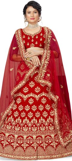 Red and Maroon color Lehenga in Velvet fabric with Embroidered, Stone, Thread, Zari work