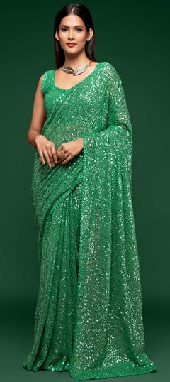 Green color Saree in Georgette fabric with Sequence, Thread work