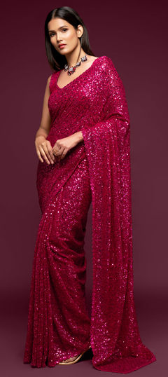 Pink and Majenta color Saree in Georgette fabric with Sequence, Thread work