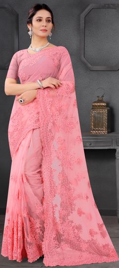 Pink and Majenta color Saree in Net fabric with Embroidered, Moti, Resham, Stone, Thread work