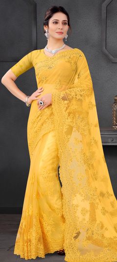 Yellow color Saree in Net fabric with Embroidered, Moti, Resham, Stone, Thread work