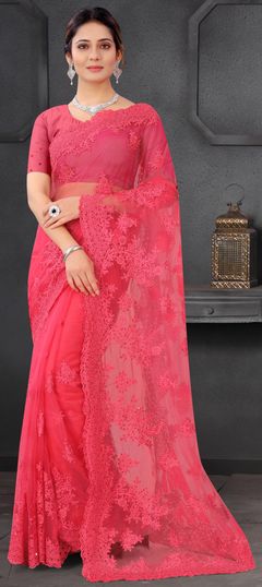 Pink and Majenta color Saree in Net fabric with Embroidered, Moti, Resham, Stone, Thread work